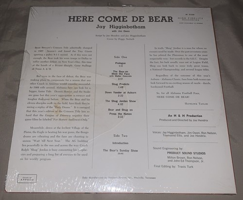 Here Come De Bear! Jay Higginbotham LP Record Bear Bryant Alabama Crimson Tide - Imagen 2 de 2