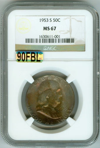 1953 S NGC MS67 FRANKLIN HALF 50c KEY DATE, RARE, MAC 90% FULL BELL LINES 