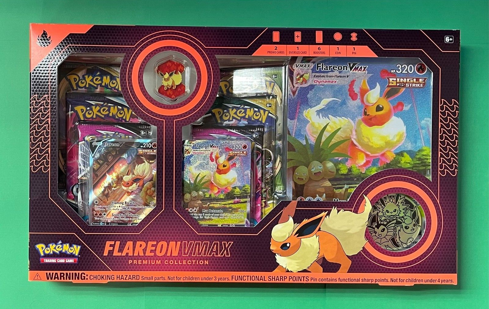 POKEMON TCG FLAREON VMAX PREMIUM COLLECTION (6 BOOSTERS + 3  PROMOS)