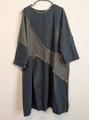 Luxe Moda Women's Patch Denim Long Sleeve Dress One Size Boho
