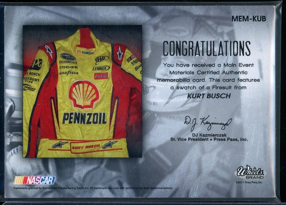 2011 Wheels Main Event Materials Silver #MEMKUB Kurt Busch 94/99 - Image 2 of 2