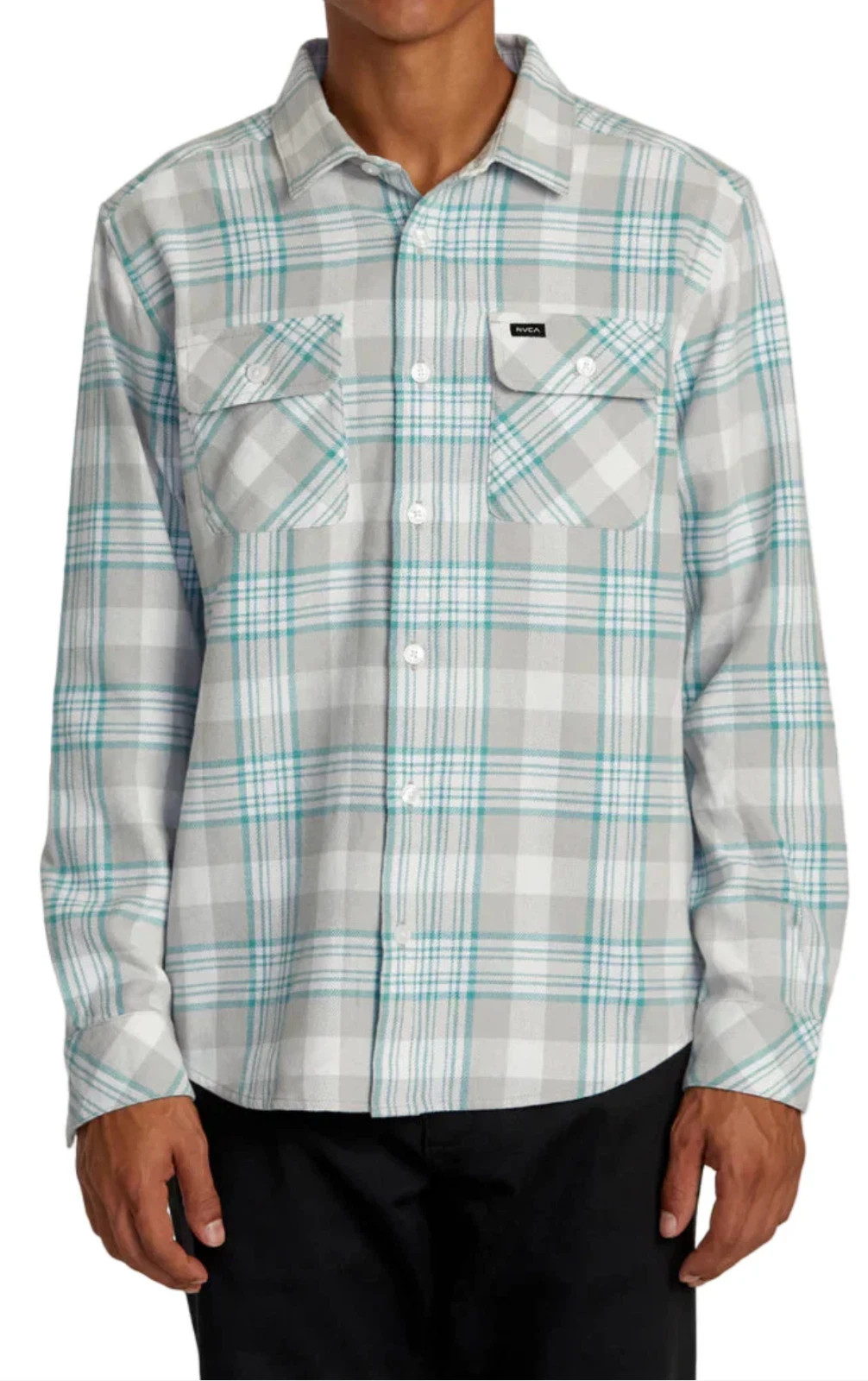 RVCA Men's That'll Work Long Sleeve Plaid Flannel Shirt Silver Bleach, M