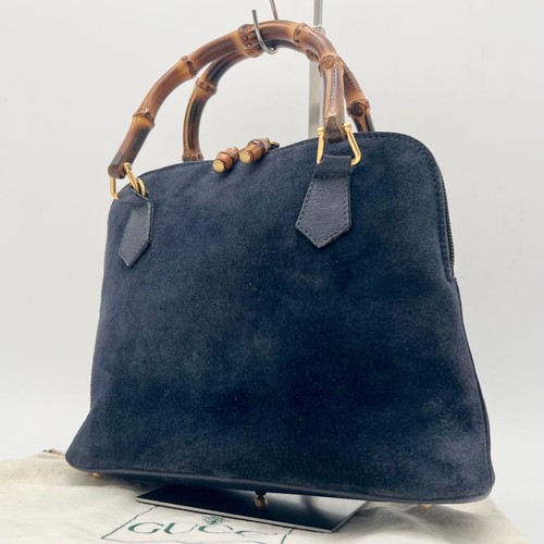 Gucci Bamboo Handbag Navy Suede Rare Authentic