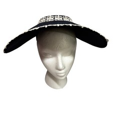 Vintage navy blue  white lace sun hat wide brim Easter Bonnet 1860s style