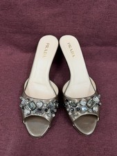 Prada Jewelled Peep Toe Kitten Heel Mules Antique Metallic Taupe Brown