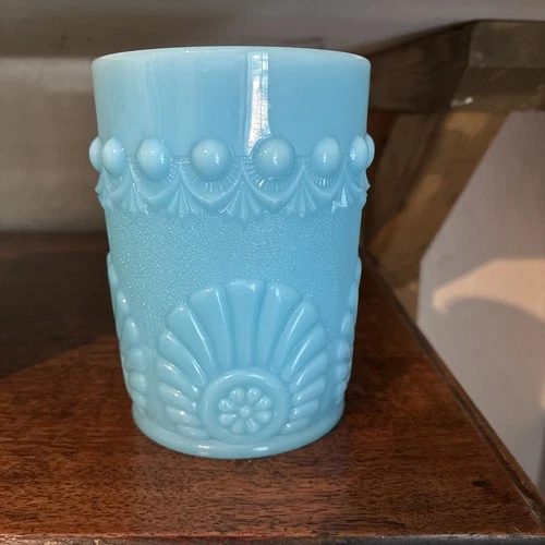 Vintage 3 3/4" Blue Milk Chalaine Glass Cup Scallop Flowers