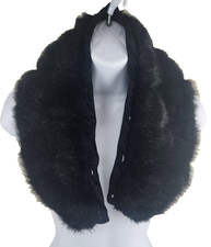 Vintage Faux Fur Shawl Collar Scarf Stole Wrap Black Button Hook 30x6.5
