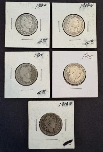 Barber Quarters Set Of 5 1902, 1908-D, 1914, 1915, 1916-D Silver