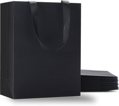 Black Gift Bags with Handles, 10Pcs 10.5''X4.25''X8'' Black Paper Gift Bags Bulk, B