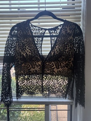 Shinestar Women's Black Sheer Lace V-Neck Long Sleeve Blouse, XL