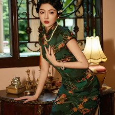 Women Midi Dress Traditional Floral Cheongsam Mandarin Collar Qipao Slim Slit