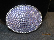 SILVERTONE PURPLE RHINESTONE BLING BELT BUCKLE 3.5X2.75 VGUC