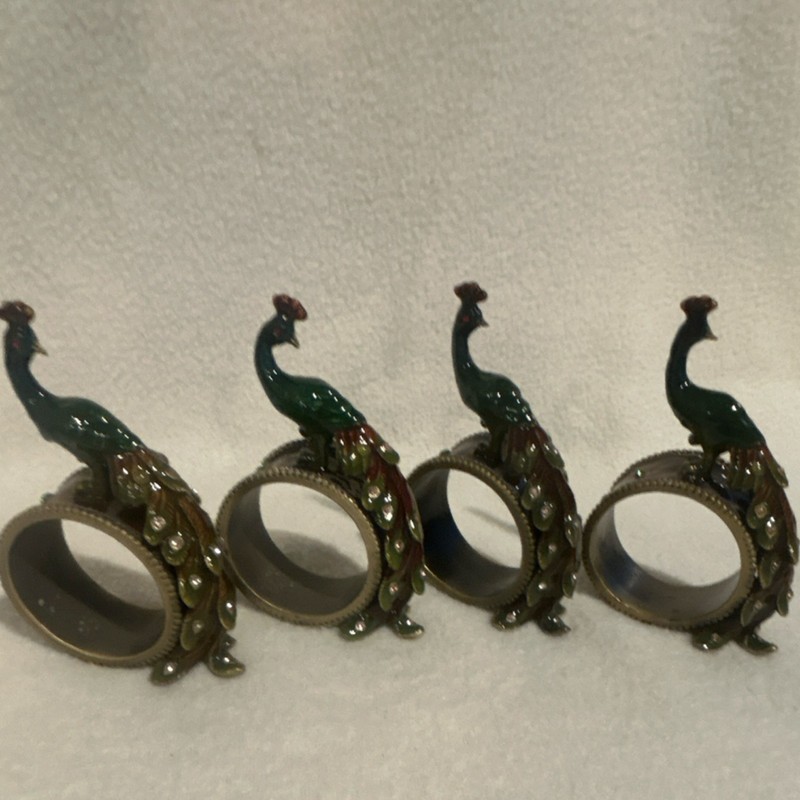 Hand Painted Peacock Napkin Rings Set of 4 Metal Enamel Red Green Gold