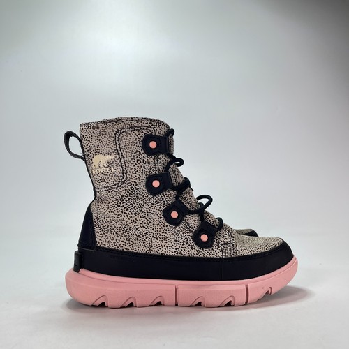 SOREL Explorer Black Pink Leopard Lace Up Winter Waterproof Boots Youth Size 2