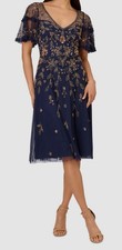 Adrianna Papell Women Blue V-Neck Beaded Midi Dress Size 10