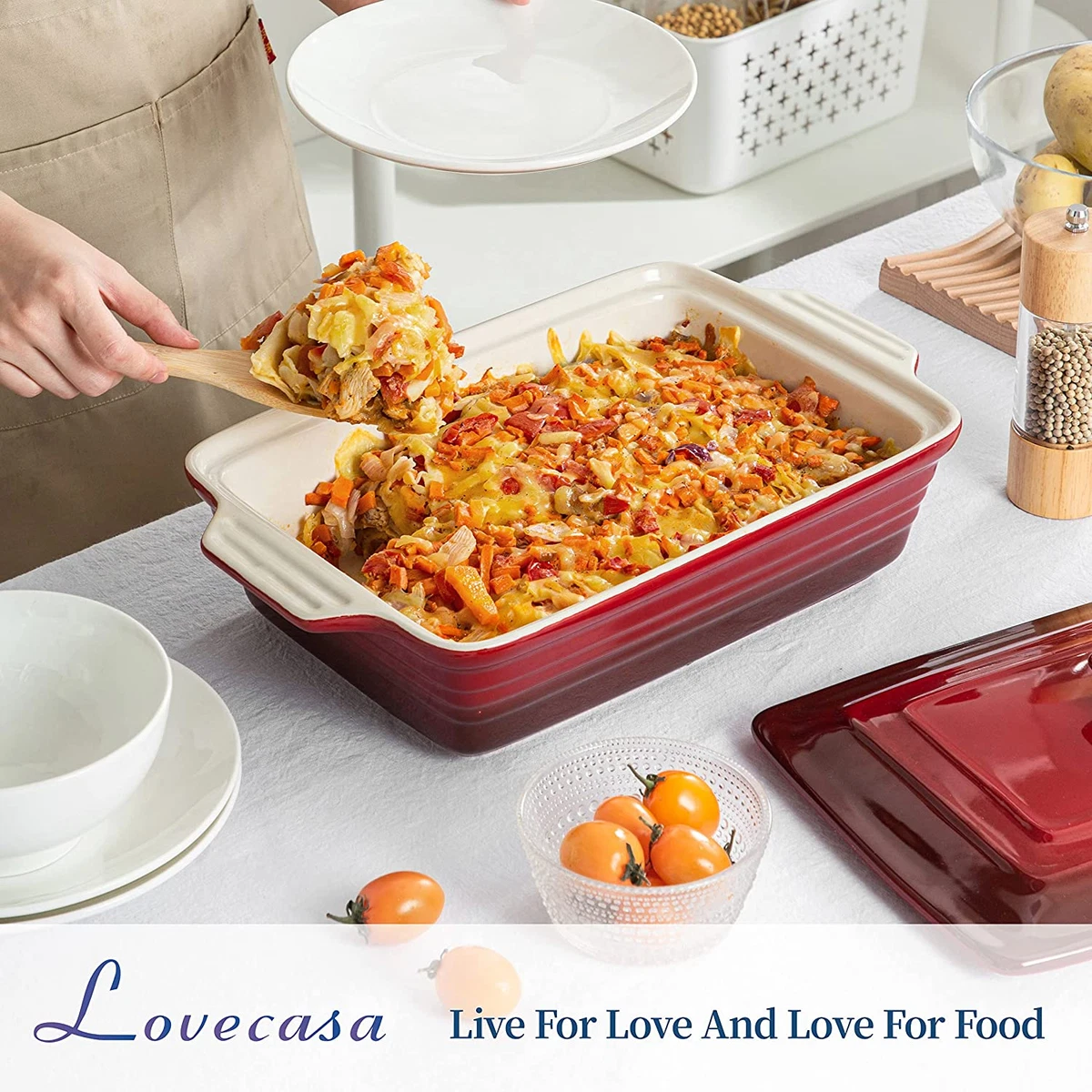 Casserole Dish with Lid, Ceramic Baking Dishes, Round Ceramic Bakeware with  Cover Oven Safe, Deep Casserole Cookware Lasagna Pan for Baking and