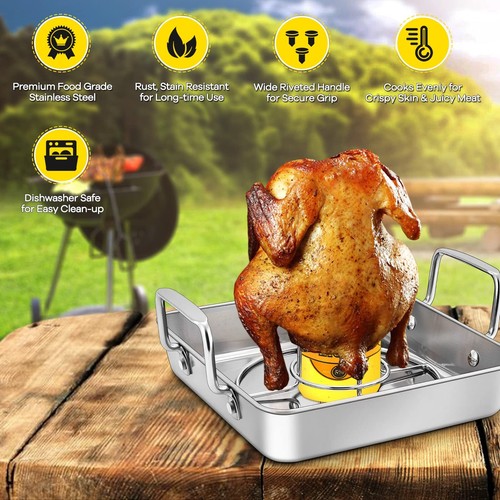 Small Roasting Pan with Beer Can Chicken Holder Set E-Far Stainless Steel Verti - Picture 3 of 7