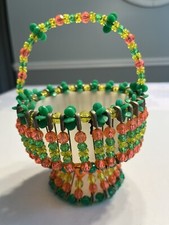 Vtg 1970s Hand Crafted Collectible Multi-Color Safety Pin Beaded Footed Basket