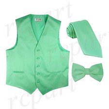 New Men's Solid Tuxedo Vest Waistcoat Necktie  Bowtie Set Party Prom Aqua Green