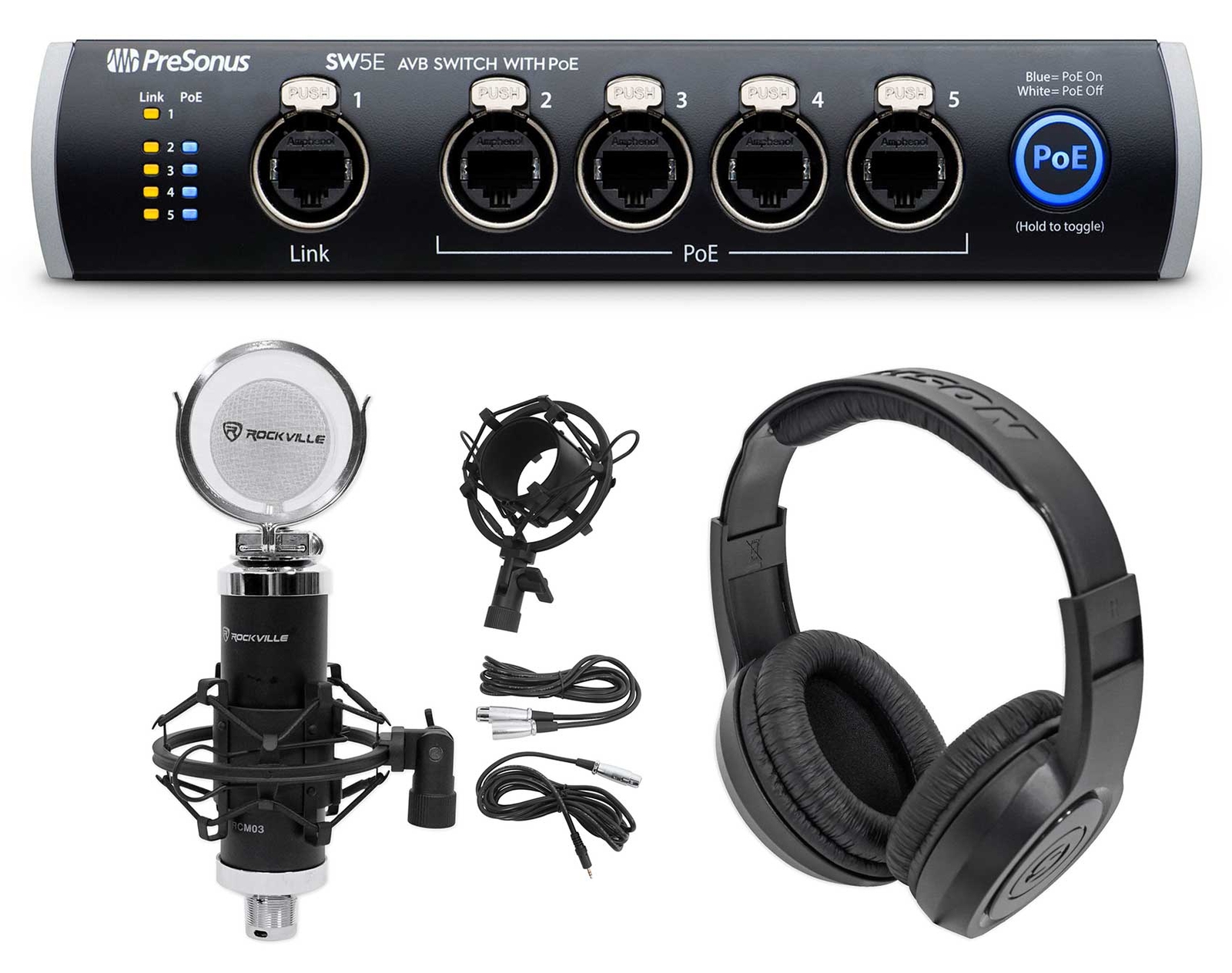 5-портовый AVB-коммутатор PRESONUS SW5E, PoE, для монтажа в стойку+ Студийный микрофон + Крепление+ Наушники