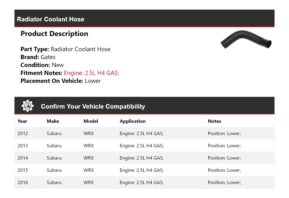 Manguera de refrigerante de radiador de gas 2,5 L H4 para Subaru WRX 2012-2016 puertas inferiores 2013 2014 Foto 2 de 4
