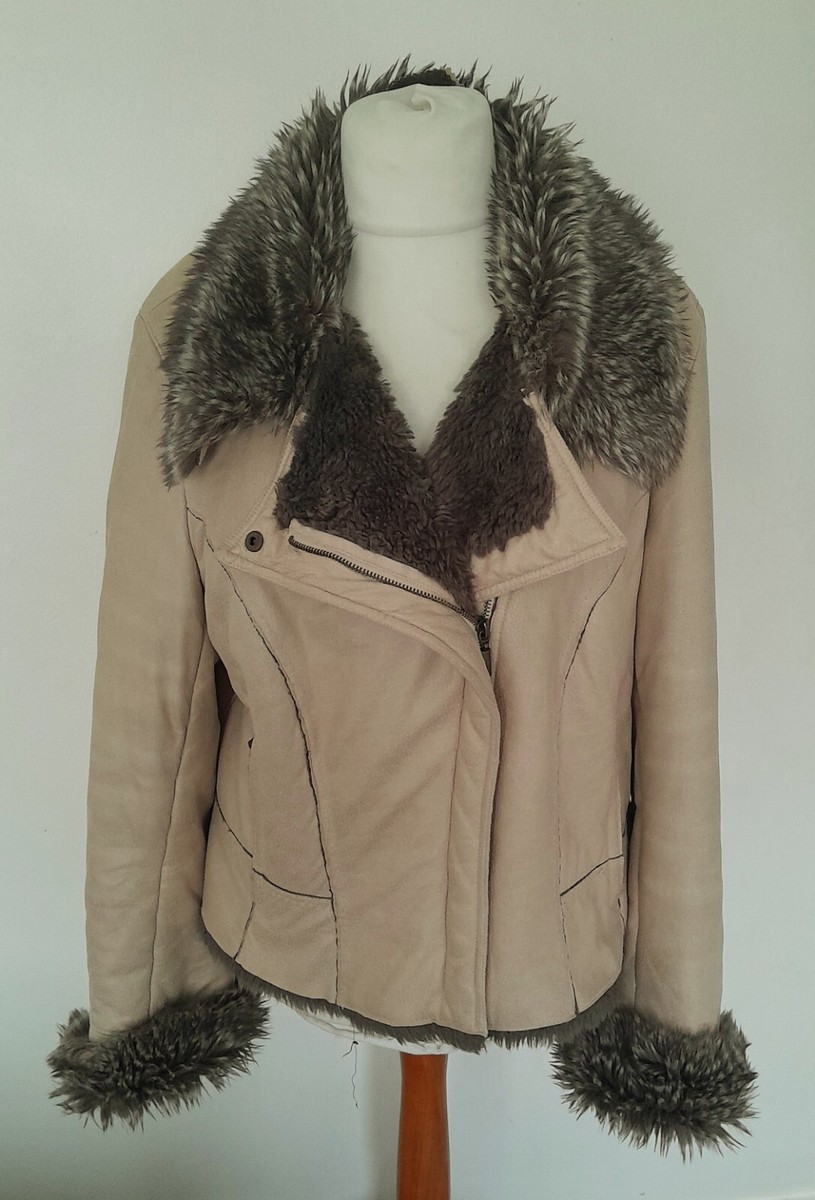 LAKELAND FAUX FUR Lined Flying Aviator Style Jacket BEIGE Size