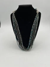 Signed PD Premiere Designs Necklace Beaded Blue & Gray Magnet closure