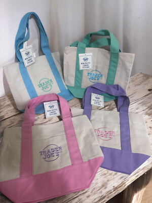 Trader Joe's Mini Pastel Canvas Tote Bags Set of 4 (Blue, Pink, Lavender, Green)