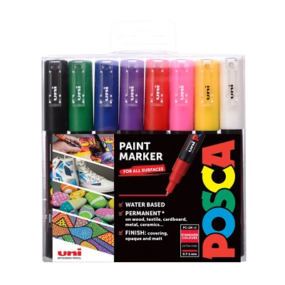 Uni Posca PC-1M 8 Colour Marker Bundle - Water Based Acrylic Paint Pens 0.7mm