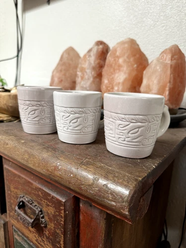 Vintage Frankoma Mayan Aztec 7C White Sand Coffee Cups Mugs Set of 3