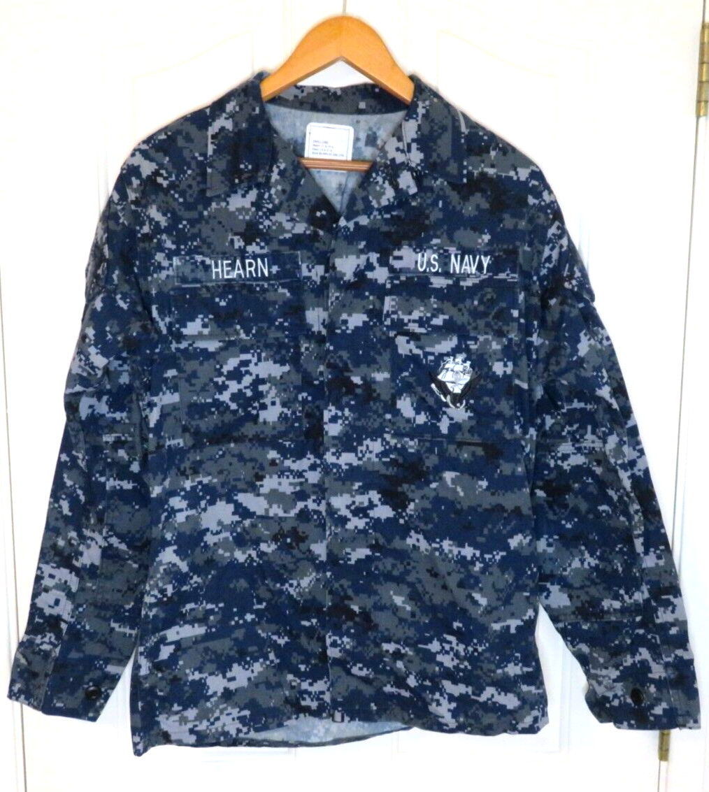 US Navy Blue Digital Camo Pattern Shirt Blouse Military L/S