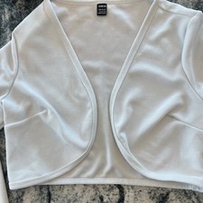 White SHEIN open-front crop shrug cardigan long sleeve bolero layer over shirt