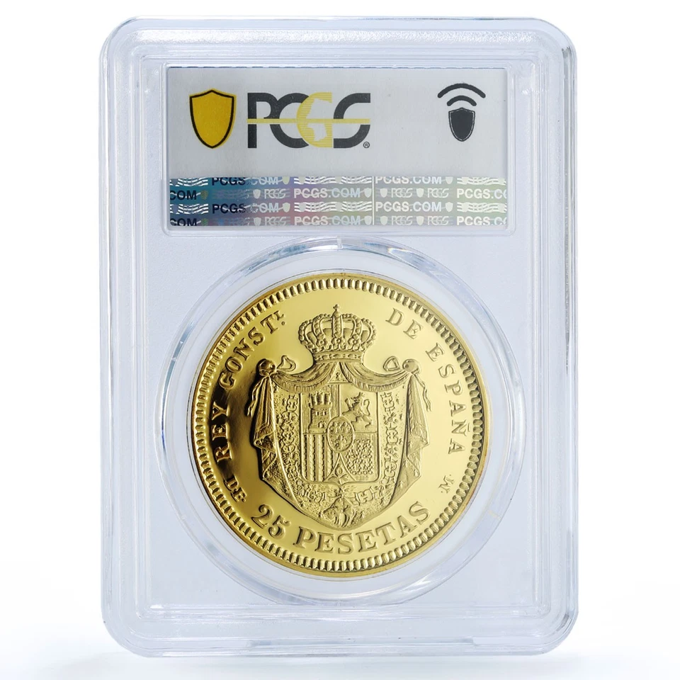 Spain Alfonso XII 25 Pesetas Restrike 1876 SP 69 PCGS silver token 2020 - Image 4 of 4