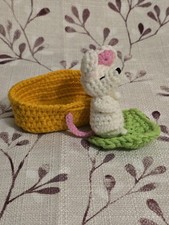 Crochet Miniature Mouse In Basket w/leaf Blanket Baby Mouse Handmade Mini