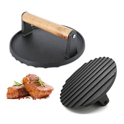 Cast Iron Press 6.8'' Round Heavy-Duty Smash Burger with Non-Slip Wooden Handle