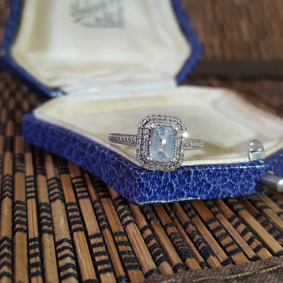 925 Sterling Silver Ring, Genuine Aquamarine And Diamonds, Size K US 5.25  - Image 3 of 4