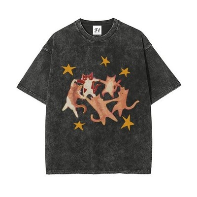 Unisex Starry Cats Illustration Art Pattern Washed Vintage T-Shirt - Cute Cartoo