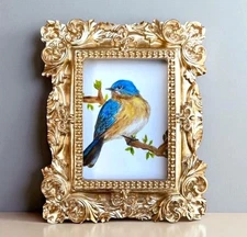 Eastern Bluebird mini art watercolor print in gold vintage style ornate frame