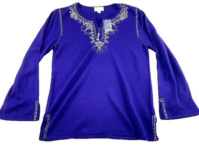 Quacker Factory Sweater Womens S 1/4 Zip Purple Beaded Long Bell Sleeve Cotton