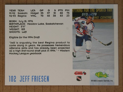 AUTOGRAFATO - Jeff Friesen Classic Games #102 Regina Pats 1993 WHL - Foto 2 di 2