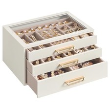 SONGMICS 3-Layer Jewelry Box with Glass Window, Jewelry 3-Tier Cream White