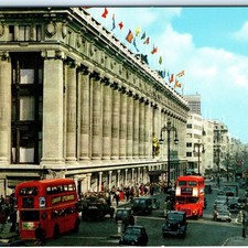 c1950s Oxford Street, London, England Postcard Selfridges Red Decker Buses A369