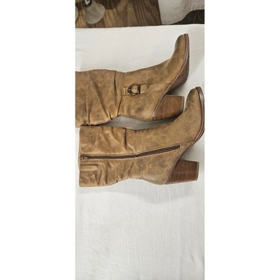 Baretraps Cheyenne Tan Brown Slouchy Mid Calf Buckle Block Heel Boots Womens 6M