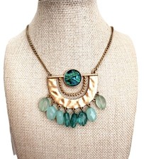 Gold Tone Abalone Shell Sea Glass Fringe Statement Necklace NWT