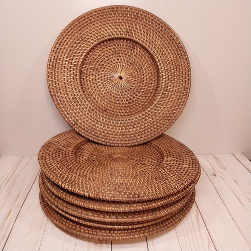 Set 6 Rattan 13.5" Chargers Plates 8" Center Woven Brown Boho Tropical Coastal