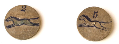 2 Vintage Wood Horse Tokens for Wood Apple Spinning Horse Racing Game