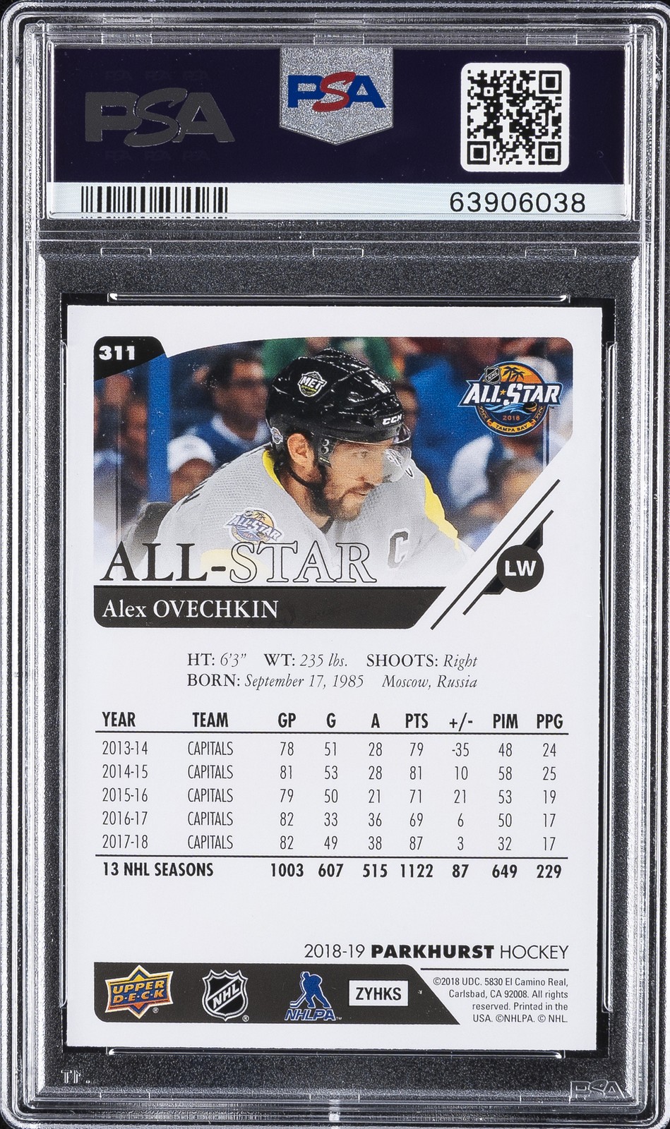 2018 PARKHURST #311 ALEX OVECHKIN PSA 10 view 2
