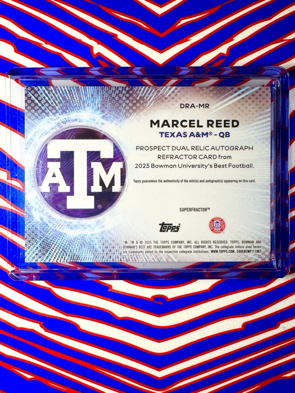 2025 Bowman U Best Marcel Reed 1/1 SUPERFRACTOR PATCH AUTO #DRA-MR Texas A&M view 2
