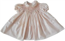 VTG Polly Flinders Hand Smocked Pink SS Dress Girl 12 mo Lace Rosettes Sash