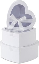 White Heart Shaped Gift Boxes W/ Clear Lids  Decorative Bows Set of 3 Cardboard